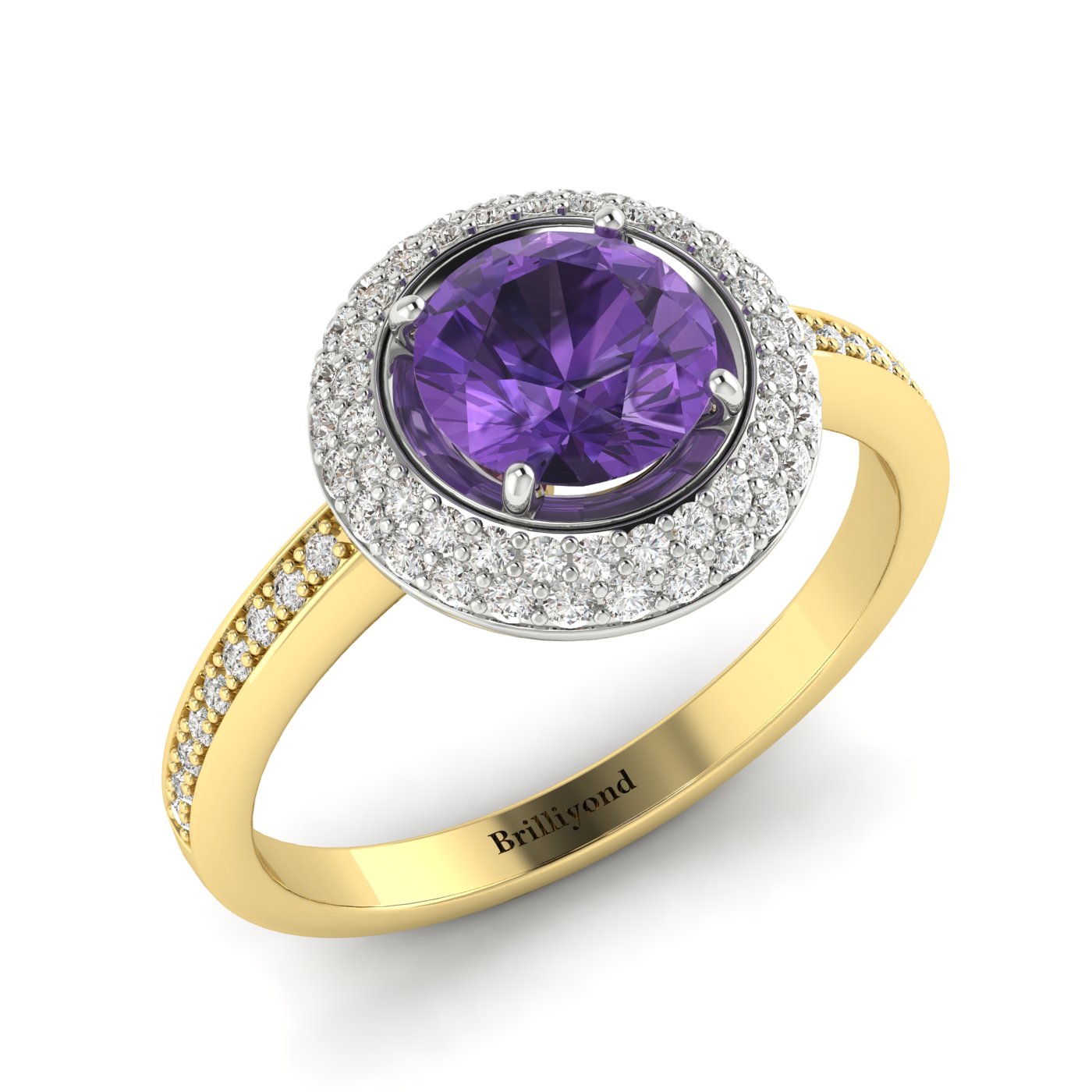 Amethyst Yellow Gold Halo Engagement Ring Aura