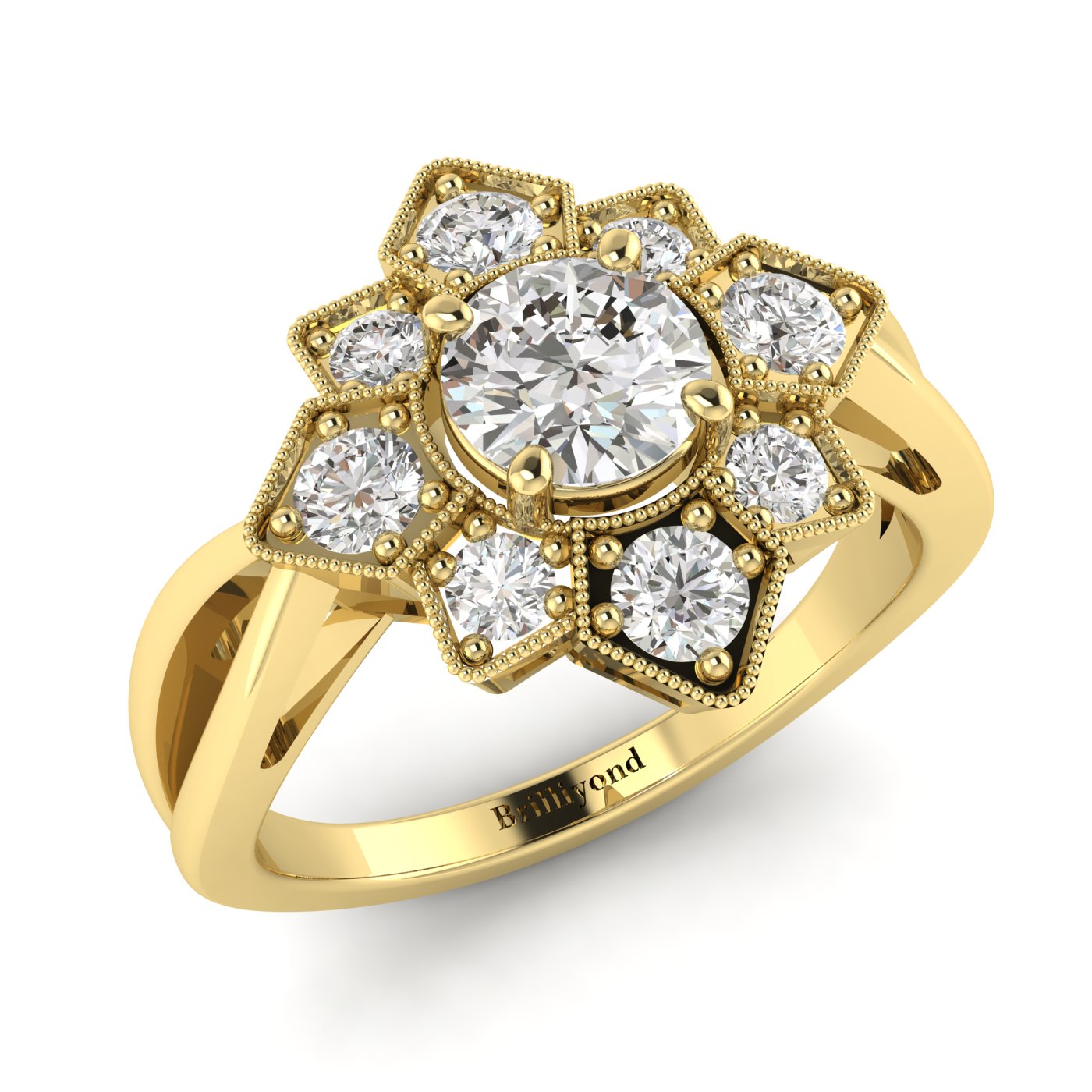 Diamond Yellow Gold Cluster Engagement Ring Madonna