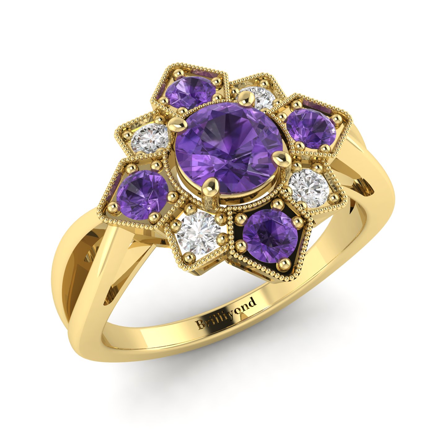 Amethyst Yellow Gold Cluster Engagement Ring Madonna