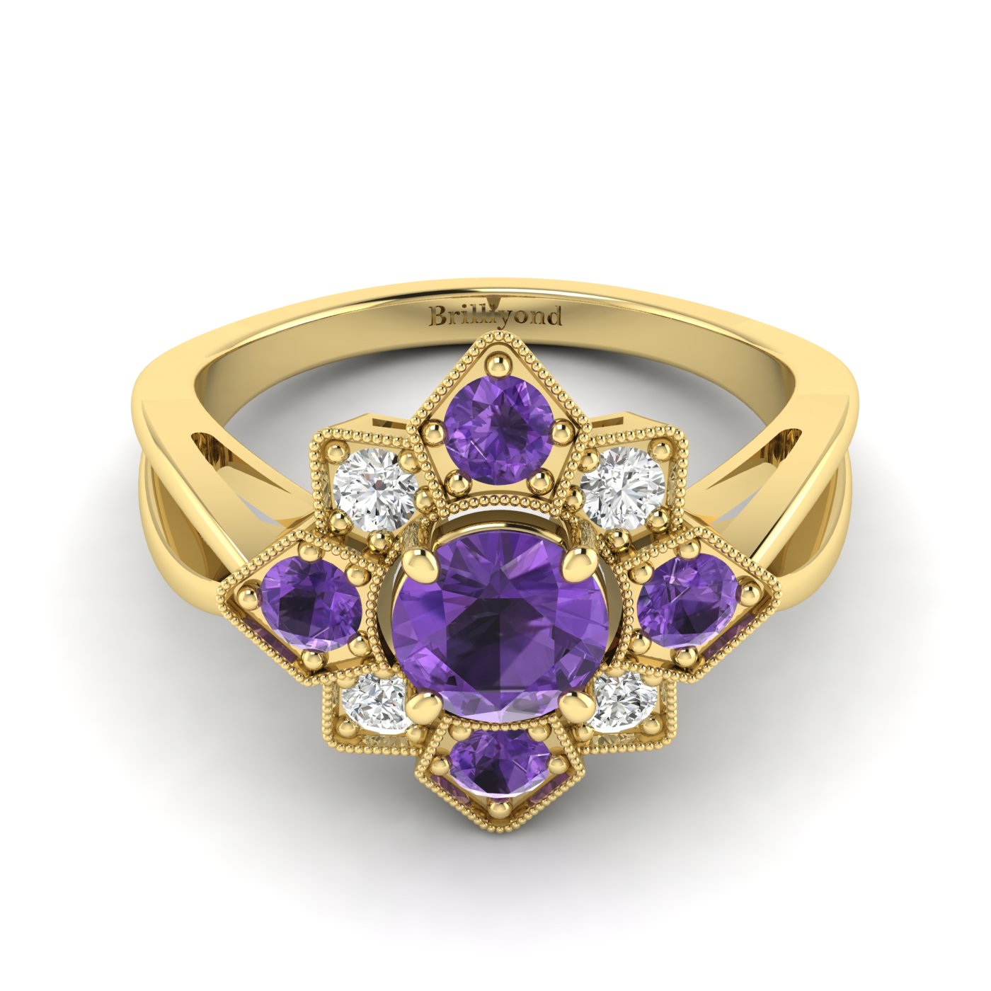 Amethyst Yellow Gold Cluster Engagement Ring Madonna