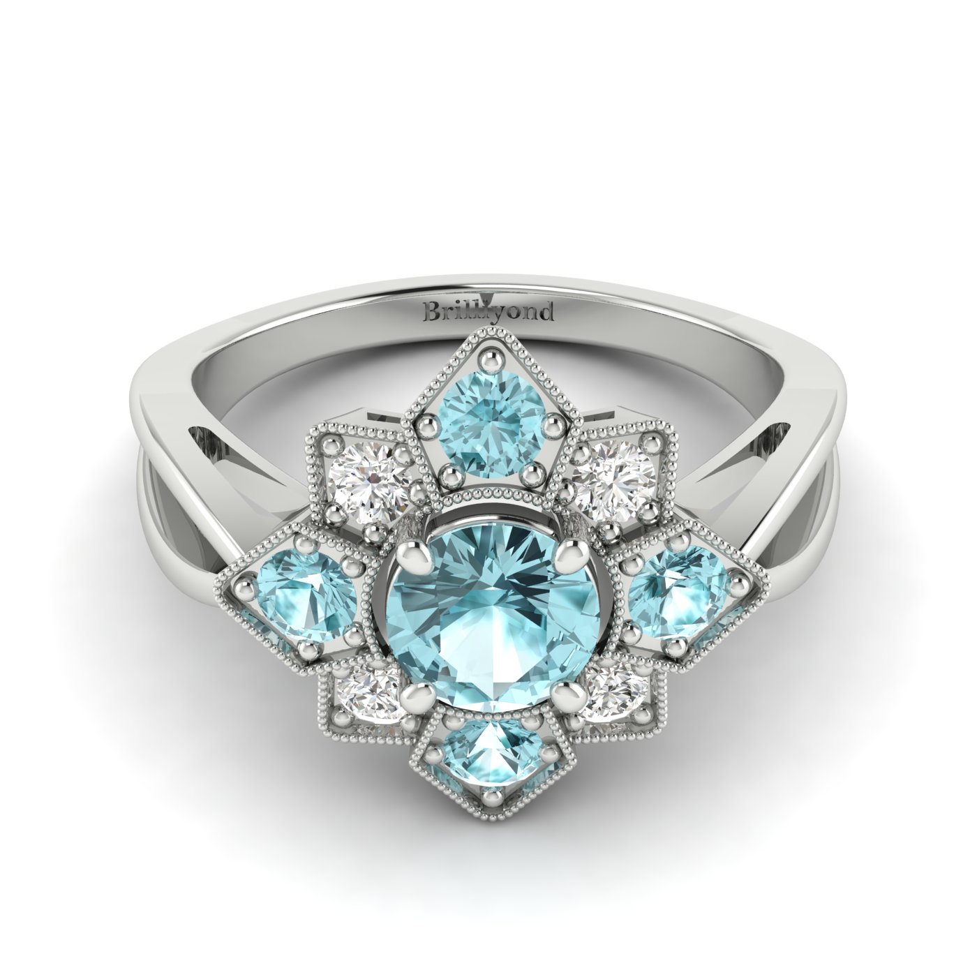 Aquamarine White Gold Cluster Engagement Ring Madonna