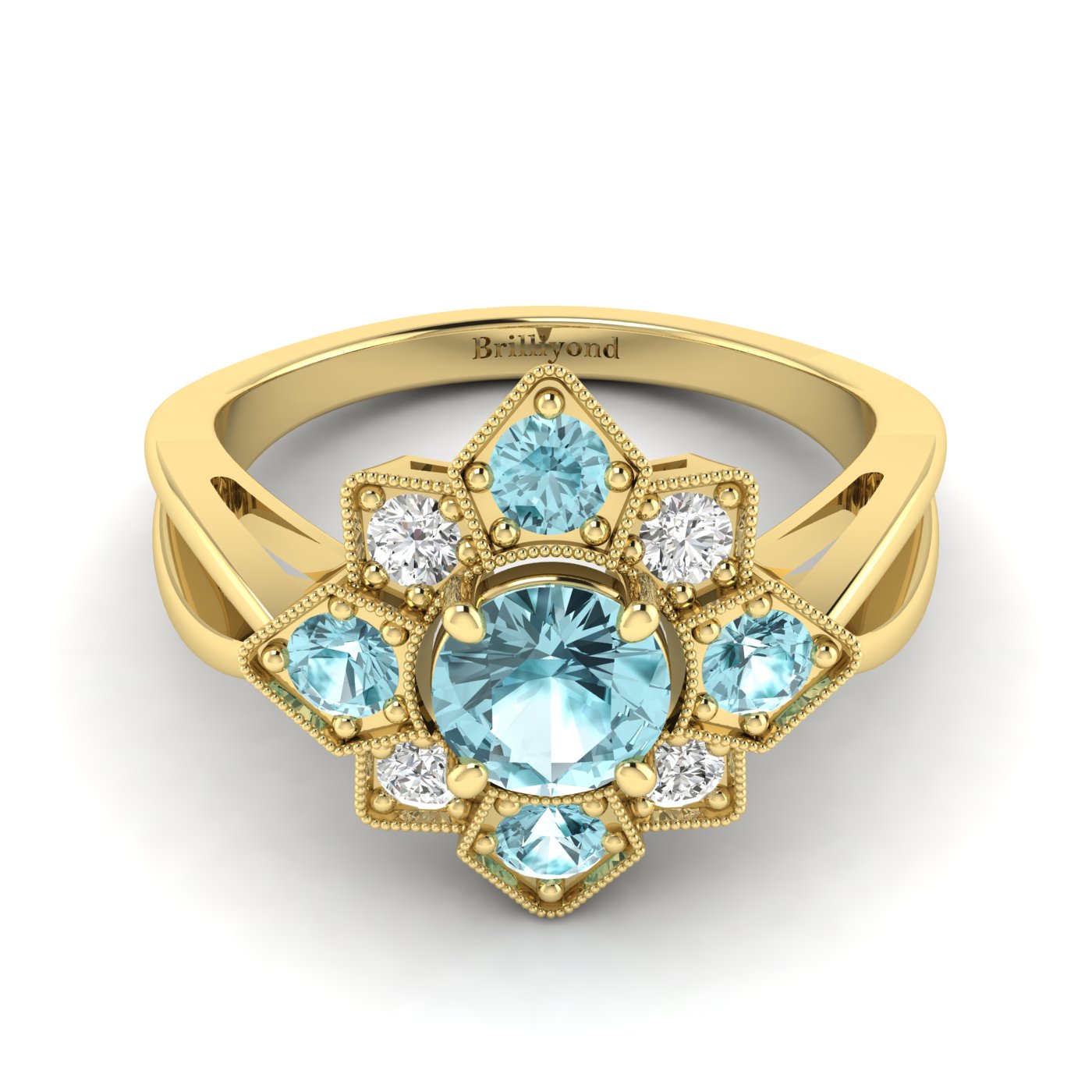 Aquamarine Yellow Gold Cluster Engagement Ring Madonna
