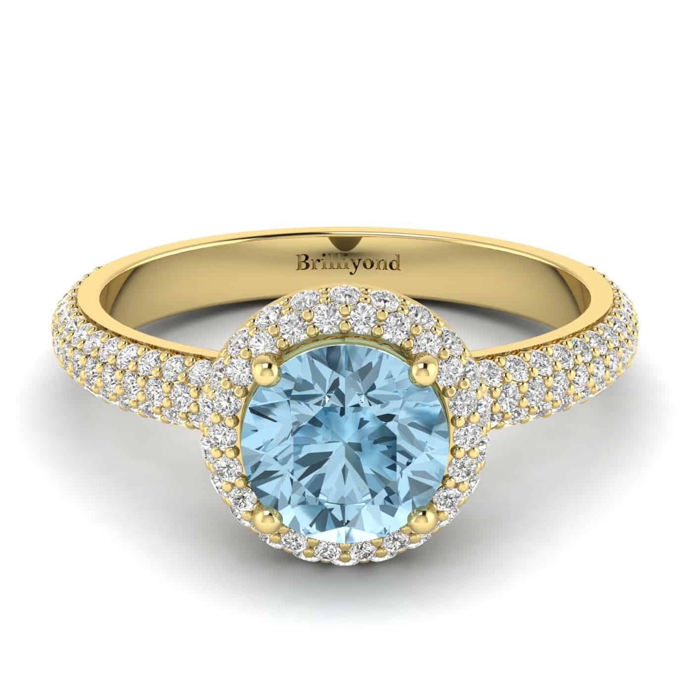 Yellow Gold Aquamarine Whirlpool Halo Engagement Ring