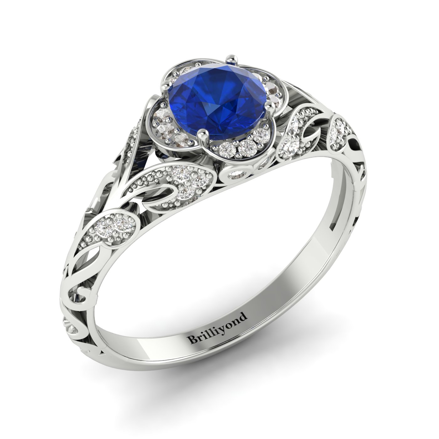 Blue Sapphire Halo Floral Halo Engagement Ring with Diamond Accents