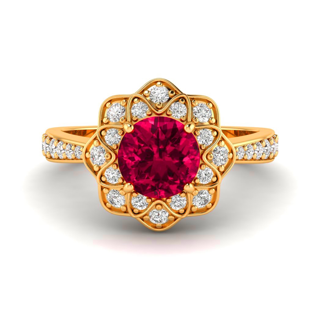 Ruby Yellow Gold Floral Halo Engagement Ring Santorini