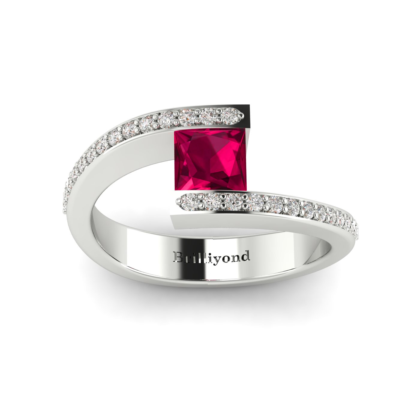 Cushion Cut Ruby Engagement Ring set in a Tension White Gold by Brilliyond