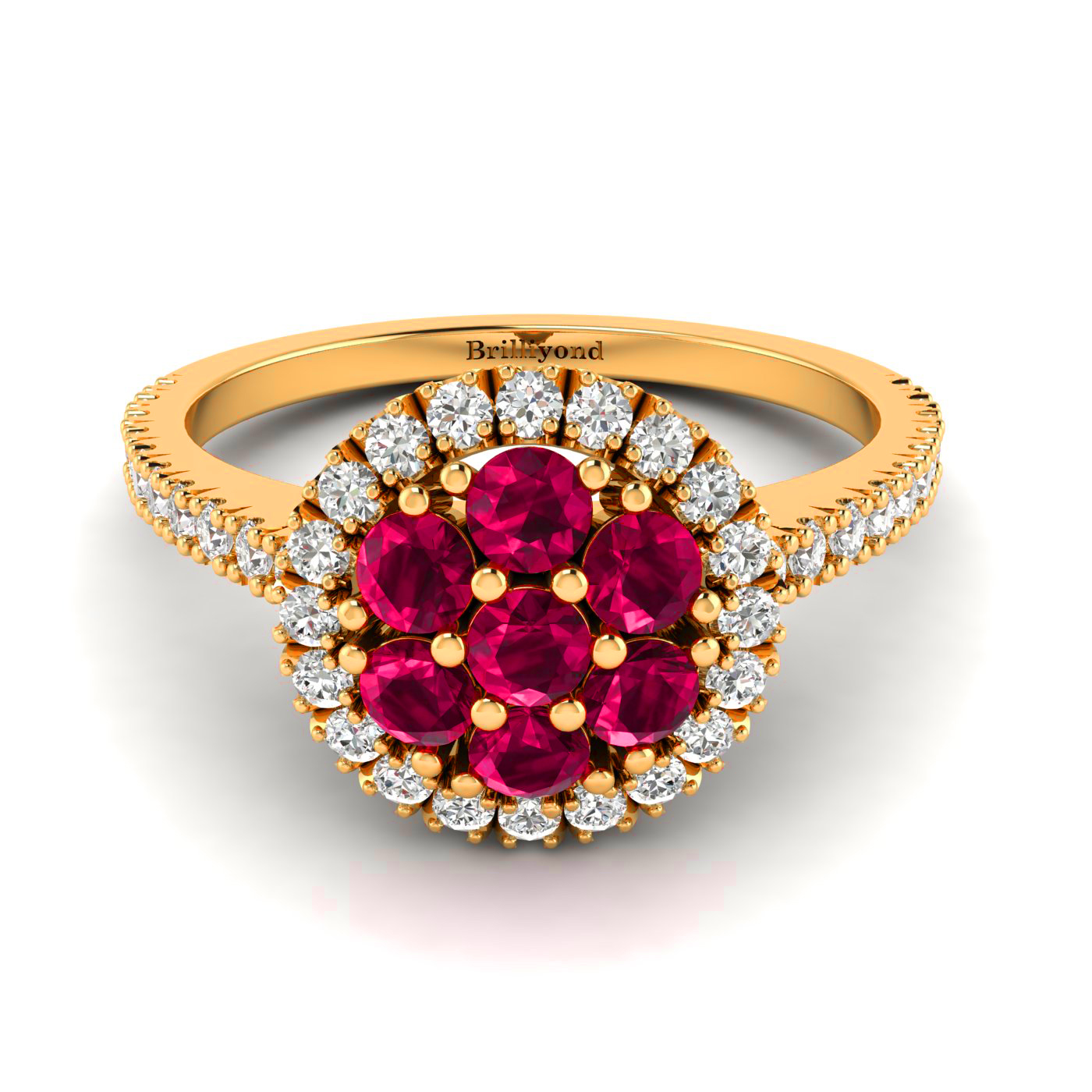 7 x 2.5mm Ruby and 40 x Accent Diamonds on 18k Yellow Gold Band