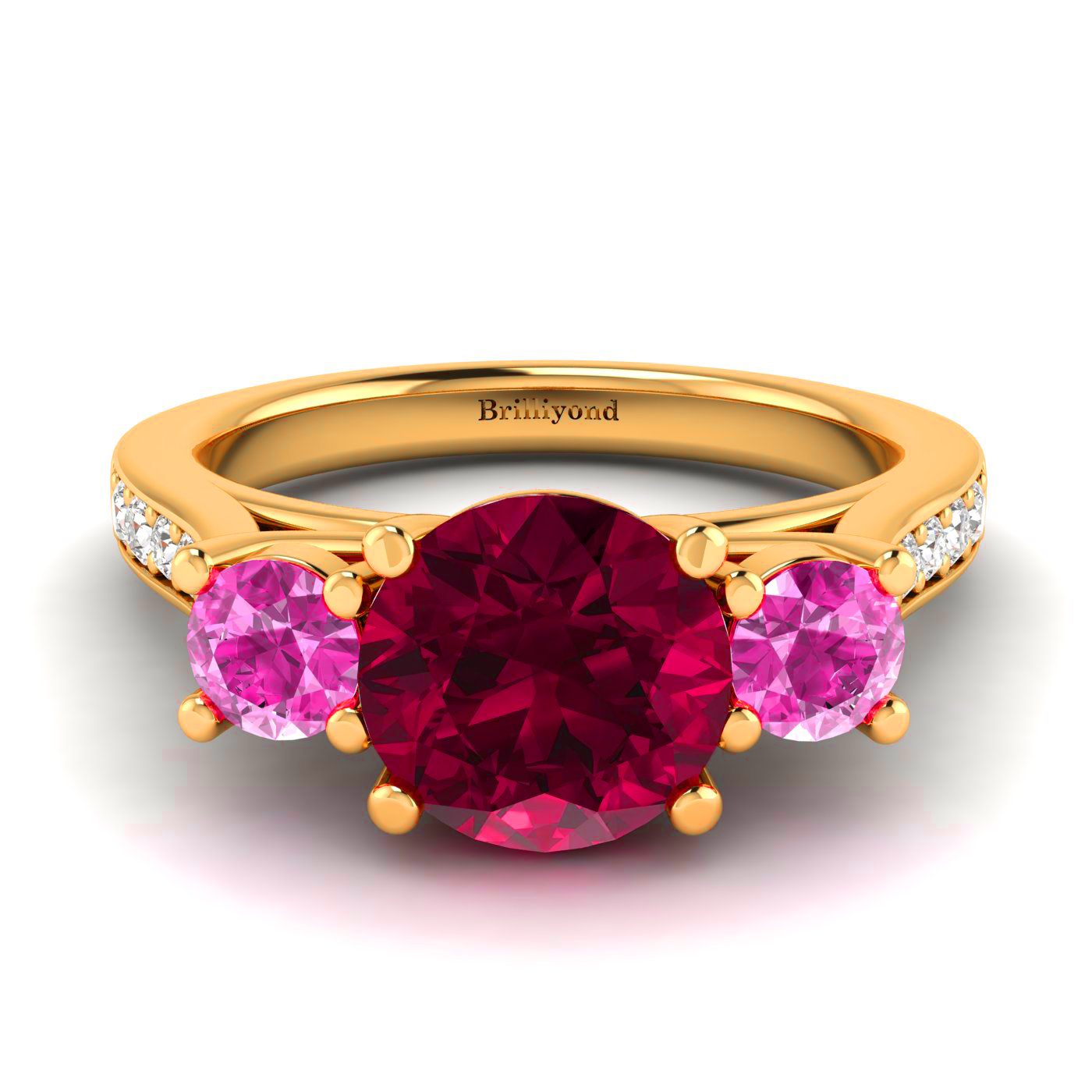 6.5mm Ruby, 2x3.5mm Pink Sapphire and 10 Accent Diamonds on 18k Yellow Gold