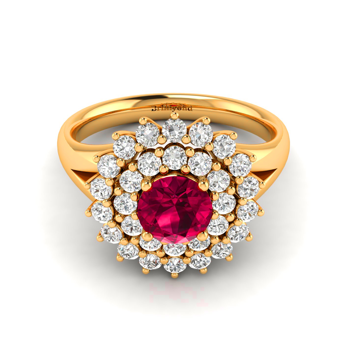 30 Pcs of 1.7mm Accent Diamonds surround the 5.5mm Red Ruby Centre Stone