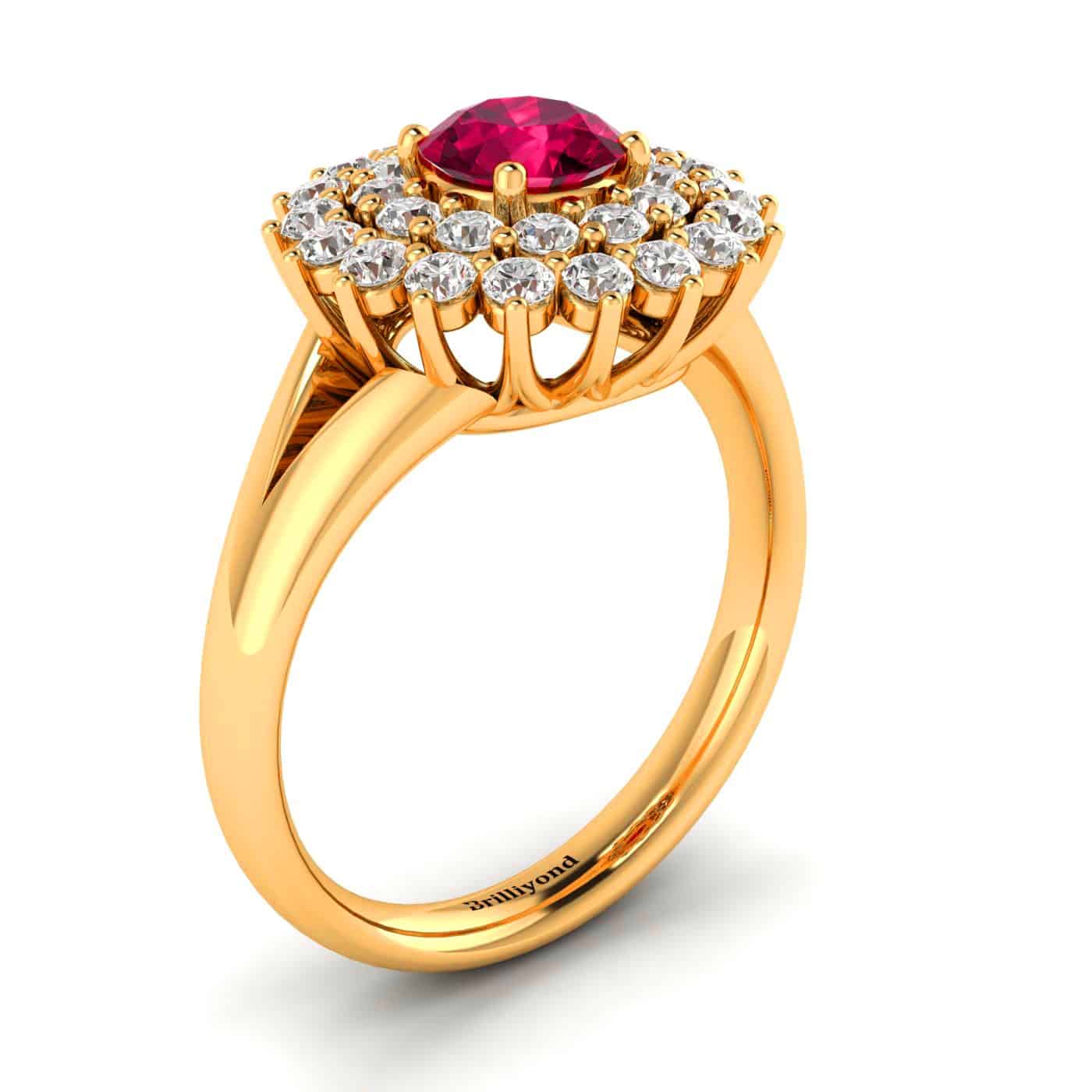 Ruby Cluster Engagement Ring with Diamond Halo in 18k Yellow Gold Band