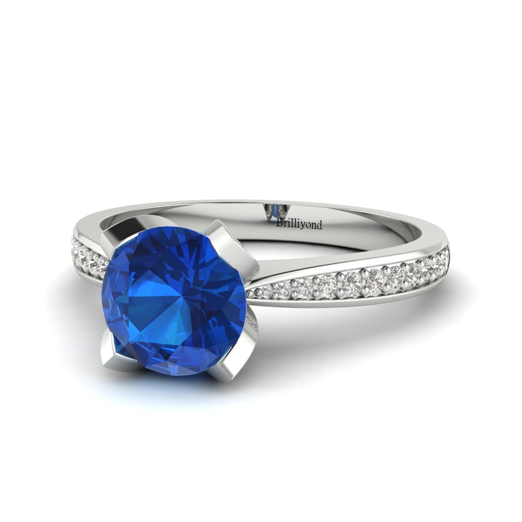 White Gold Blue Sapphire Floral Engagement Ring Tulip