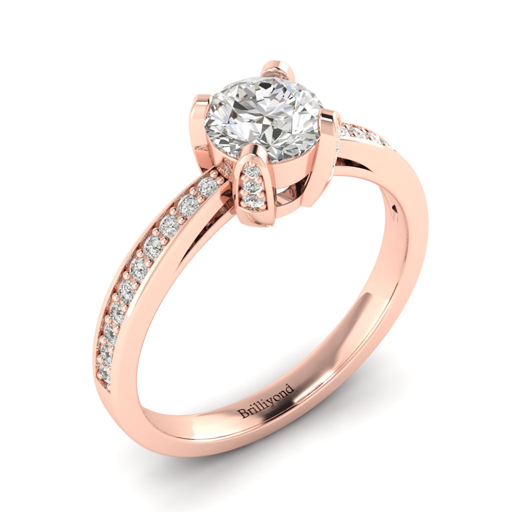 Brilliant Cut Diamond Engagement Ring Seychelles with Diamond Accented Prongs in Rose Gold 