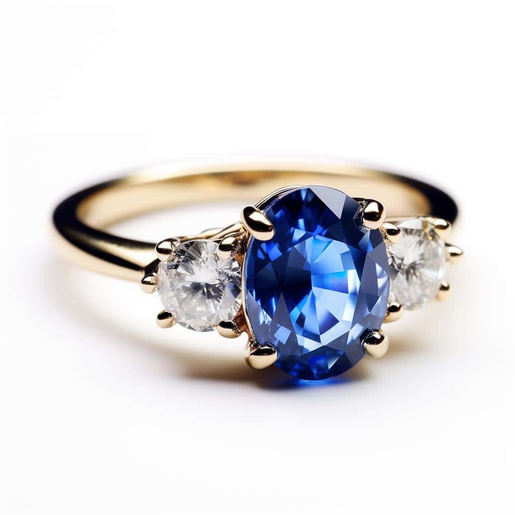Three Stone 18K Yellow Gold Engagement Ring Thalia with 2.6ct Blue Sapphire_image1
