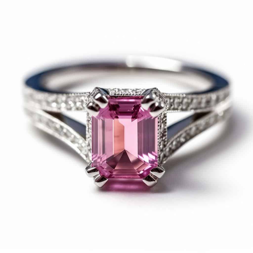 Pink sapphire engagement ring with split shank with accent stones along the band