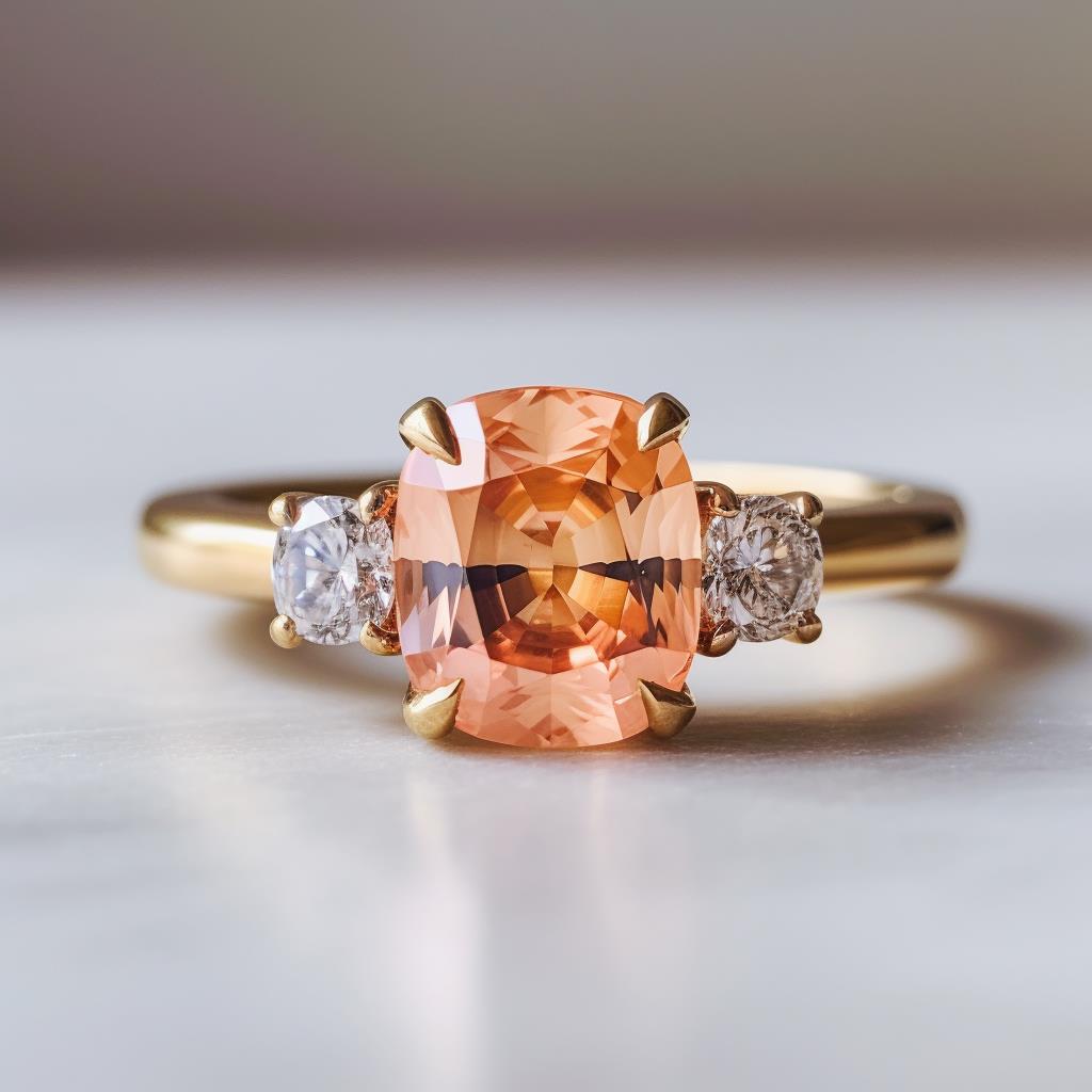 Orange sapphire three stone engagement ring in a slim yellow gold band