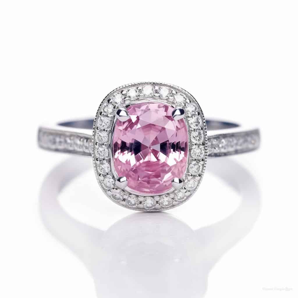 halo pink sapphire engagement ring from Brilliyond