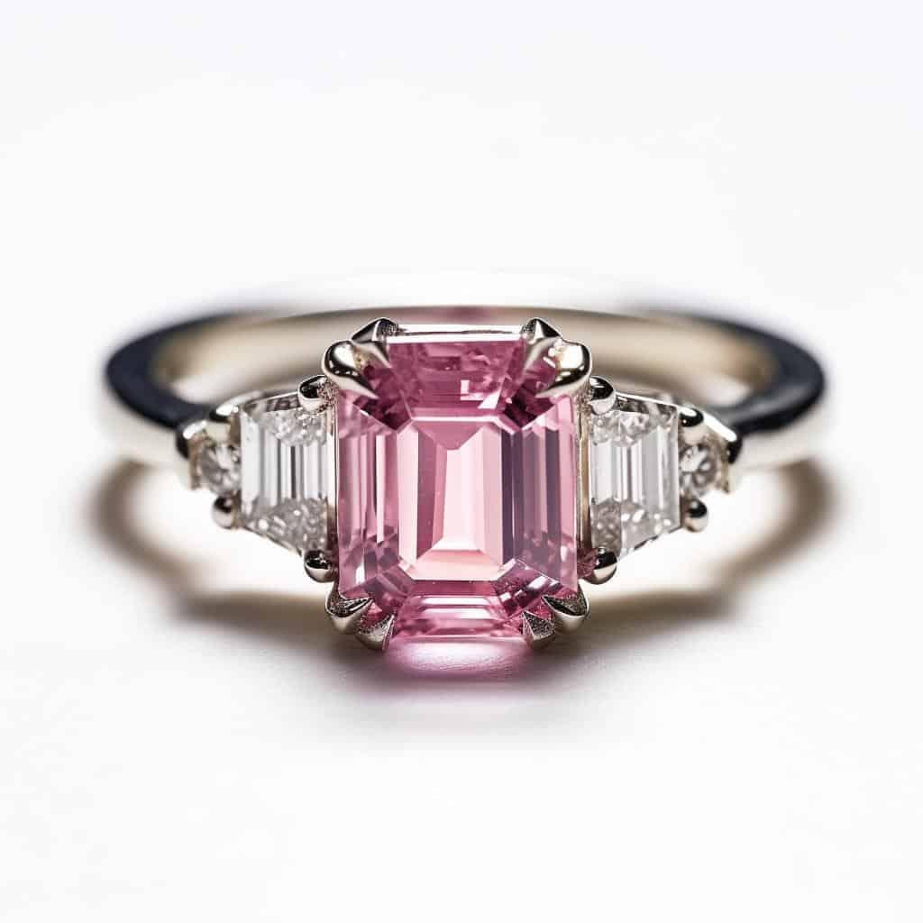 Pink sapphire three stone engagement ring with slim metal band 
