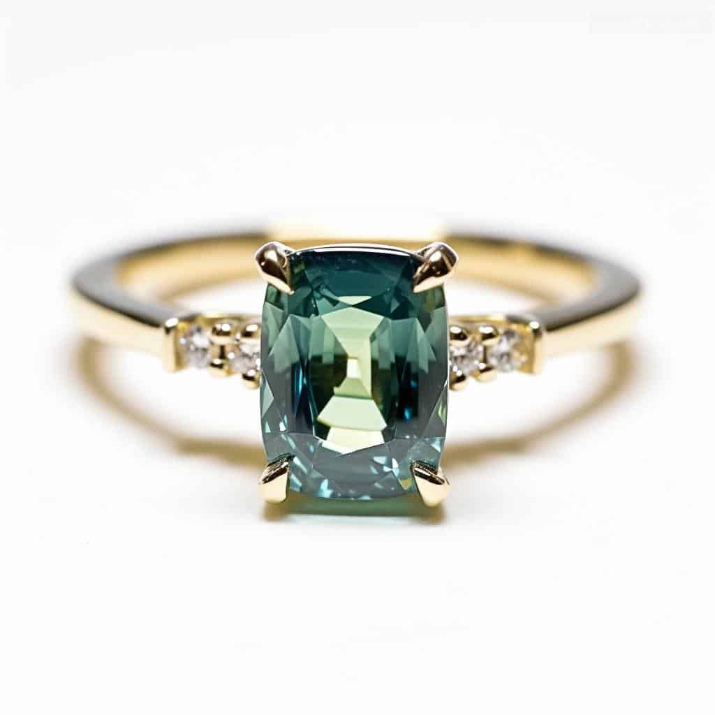 Green sapphire  engagement ring with slim yellow gold band 