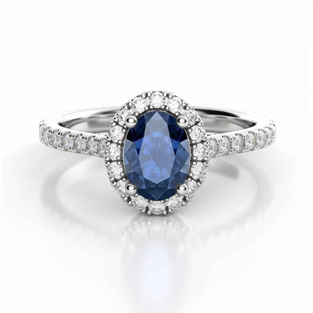 Blue sapphire oval halo engagement ring from Brilliyond