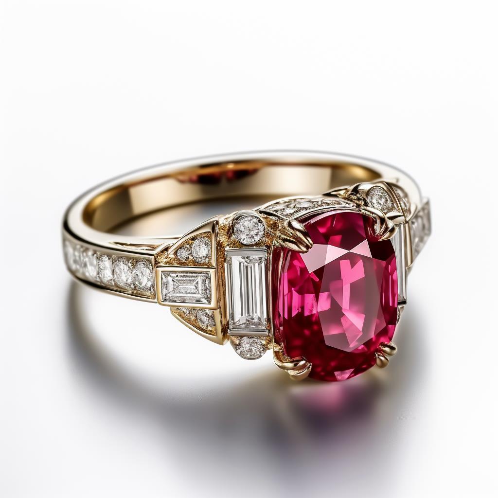 ruby engagement ring with prominent side and accent stones